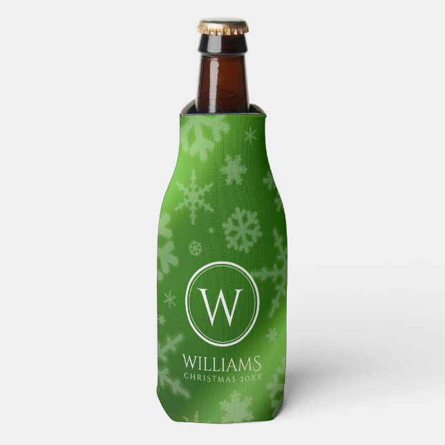 Festive Green Foil Snowflakes Monogram Name Bottle Cooler (Bottle Front)