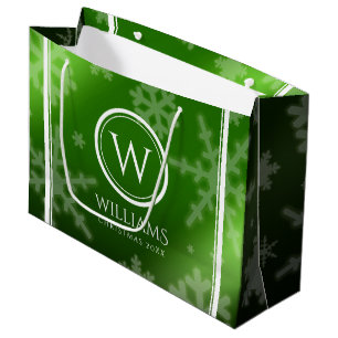 Festive Green Foil Snowflakes Monogram Name Large Gift Bag