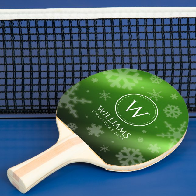 Festive Green Foil Snowflakes Monogram Name Ping Pong Paddle (Insitu)