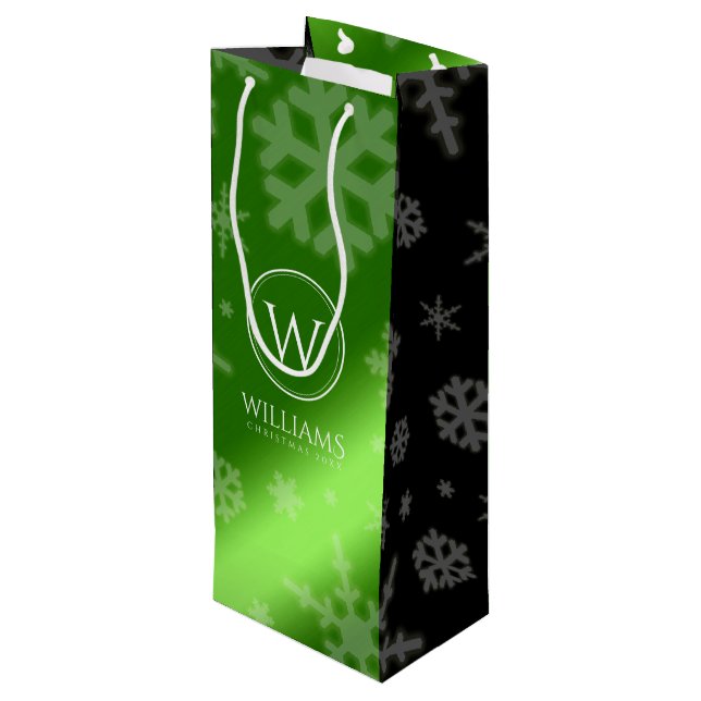 Festive Green Foil Snowflakes Monogram Name Wine Gift Bag (Back Angled)