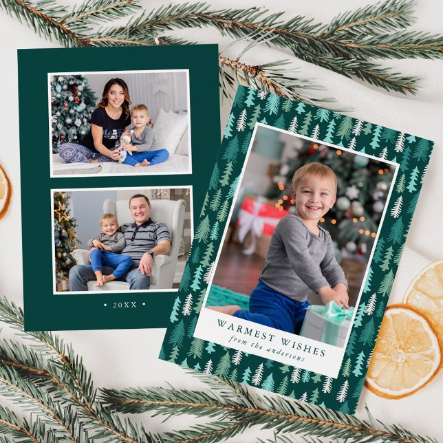 Festive Green Forest Trees Pattern 3 Photo Holiday Card (Creator Uploaded)