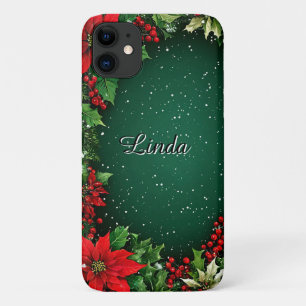 Festive Green Frame with Poinsettia Flowers Case-Mate iPhone Case