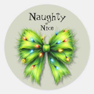 Festive Green Furry Bow-Lights Naughty or Nice Classic Round Sticker