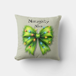 Festive Green Furry Bow-Lights Naughty or Nice Cushion