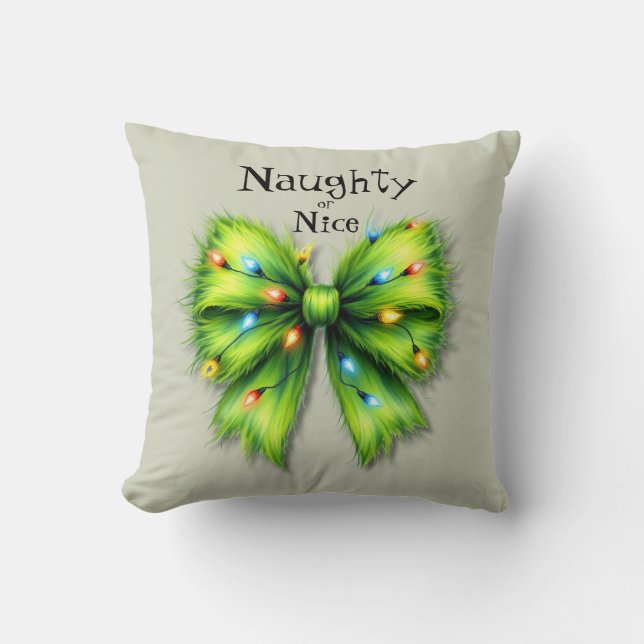 Festive Green Furry Bow-Lights Naughty or Nice Cushion (Front)