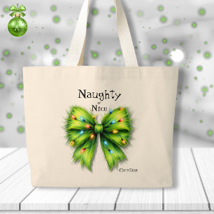 Festive Green Furry Bow-Lights Naughty or Nice Large Tote Bag