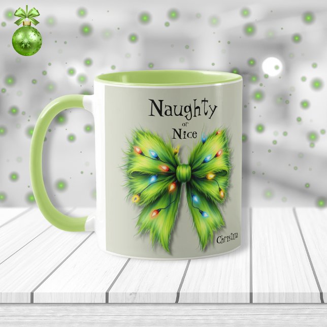 Festive Green Furry Bow-Lights Naughty or Nice Mug (Creator Uploaded)