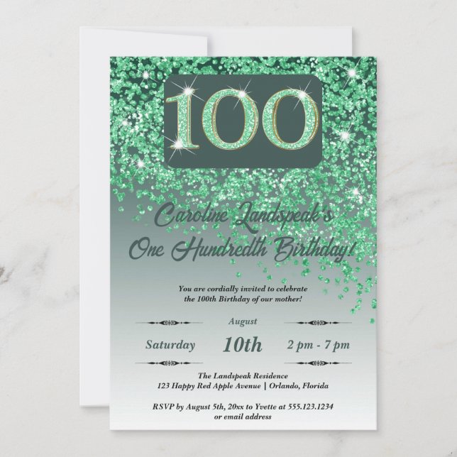 Festive Green Glitter 100th Birthday Invitation (Front)