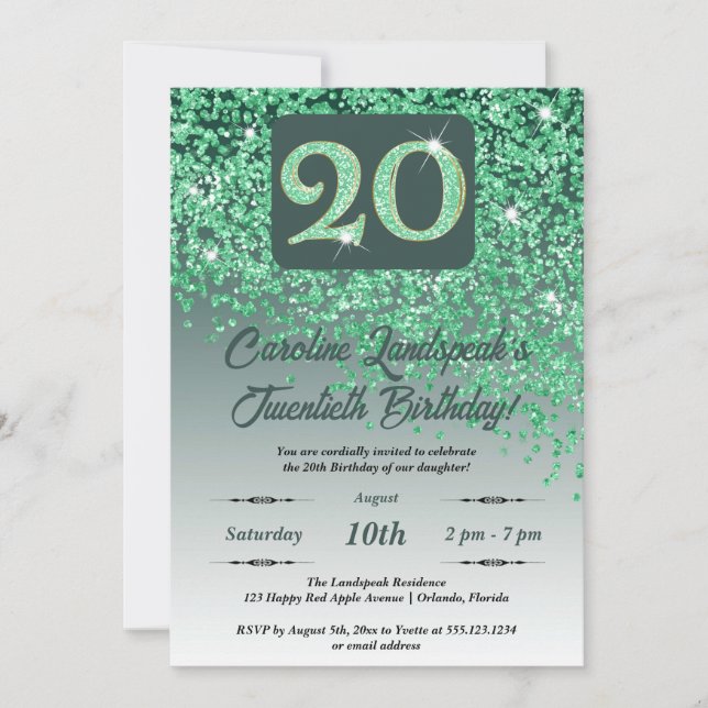 Festive Green Glitter 20th Birthday Invitation (Front)