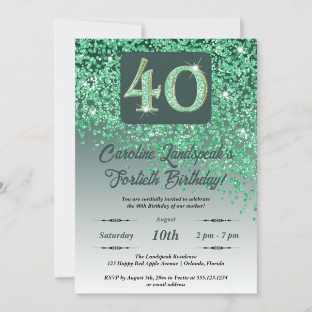 Festive Green Glitter 40th Birthday Invitation (Front)