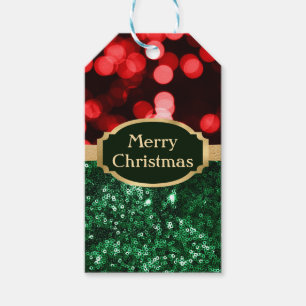 Festive green Glitter and red Bokeh Christmas Gift Tags