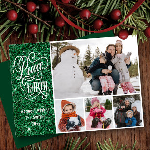 Festive Green Glitter Peace on Earth Modern Photo Holiday Card