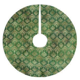 Festive Green & Gold Foil Winter Christmas Damask Brushed Polyester Tree Skirt