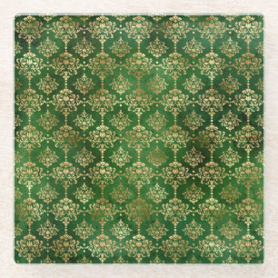 Festive Green & Gold Foil Winter Christmas Damask Glass Coaster