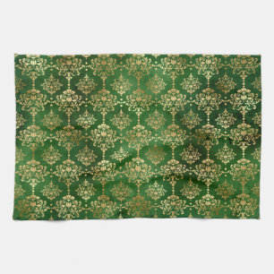 Festive Green & Gold Foil Winter Christmas Damask Tea Towel