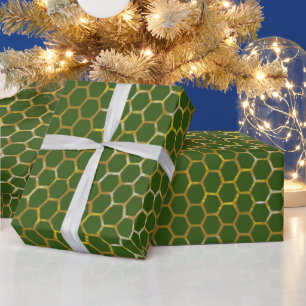 Festive Green Gold Hexagon Beehive Pattern Wrapping Paper