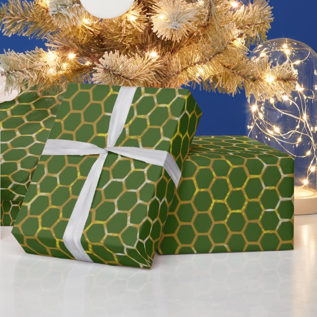 Festive Green Gold Hexagon Beehive Pattern  Wrapping Paper (Holidays)