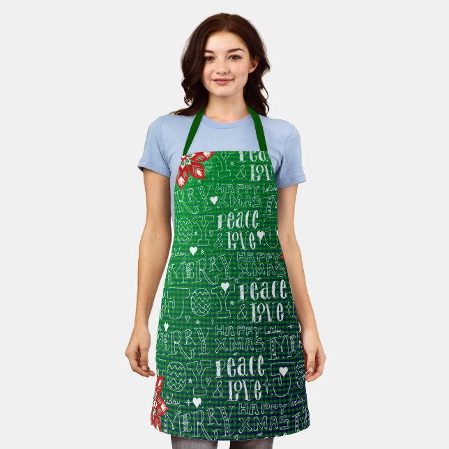Festive Green Holiday Christmas Script Pattern  Apron (Worn)