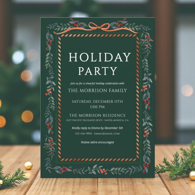 Festive Green Holiday Party Bow Christmas Invitation (Creator Uploaded)
