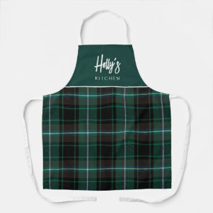 Festive Green Holiday Plaid Christmas Name  Apron