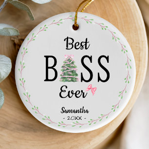 Festive Green Holiday Wreath Best Boss Ever Ceramic Tree Decoration