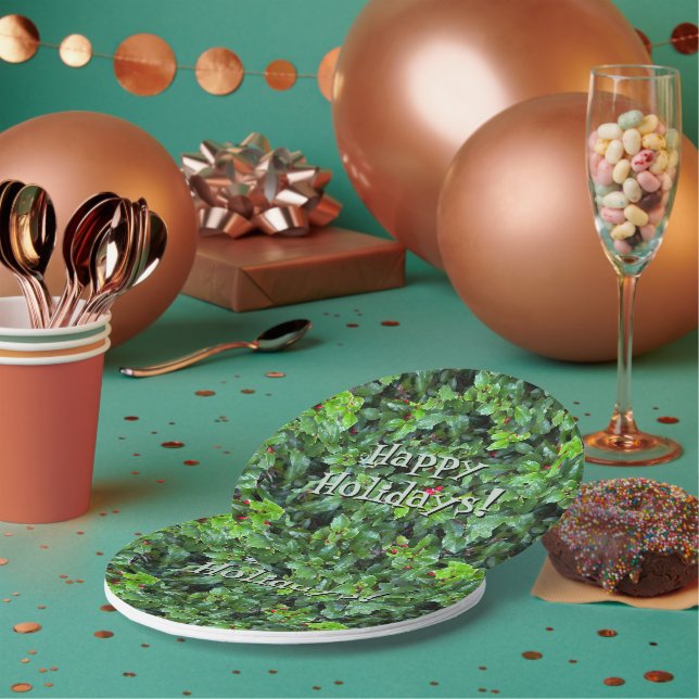 Festive Green Holly Berry Christmas Paper Plates (Multi)