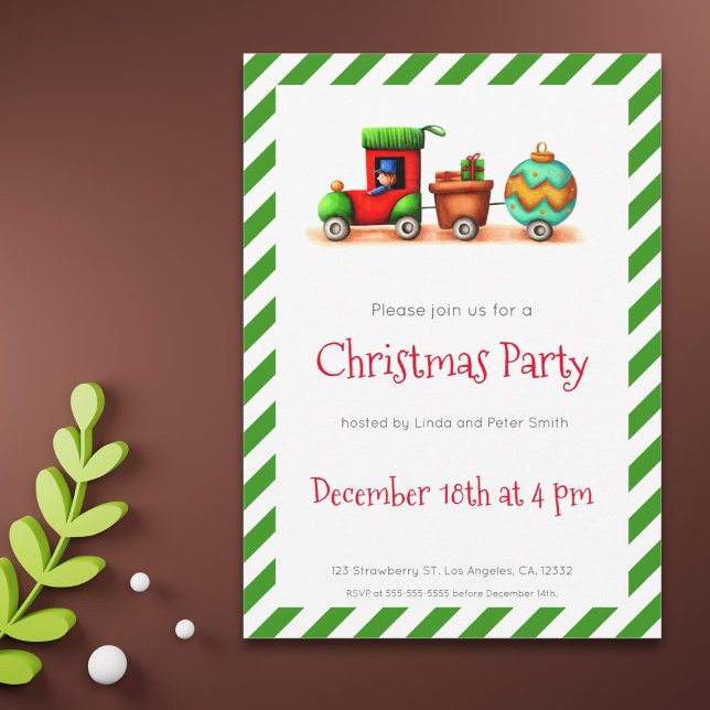 Festive Green Illustrated Christmas Train Holiday Invitation (Creator Uploaded)
