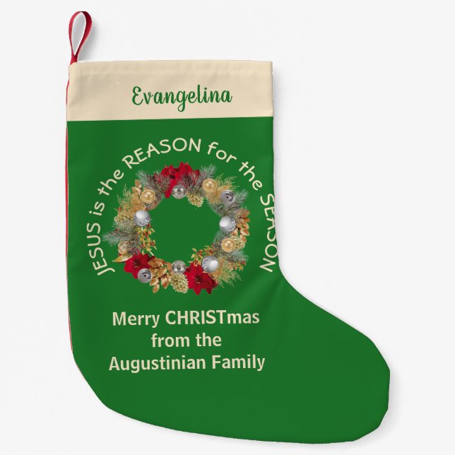Festive Green JESUS IS THE REASON Small Christmas Stocking (Front)