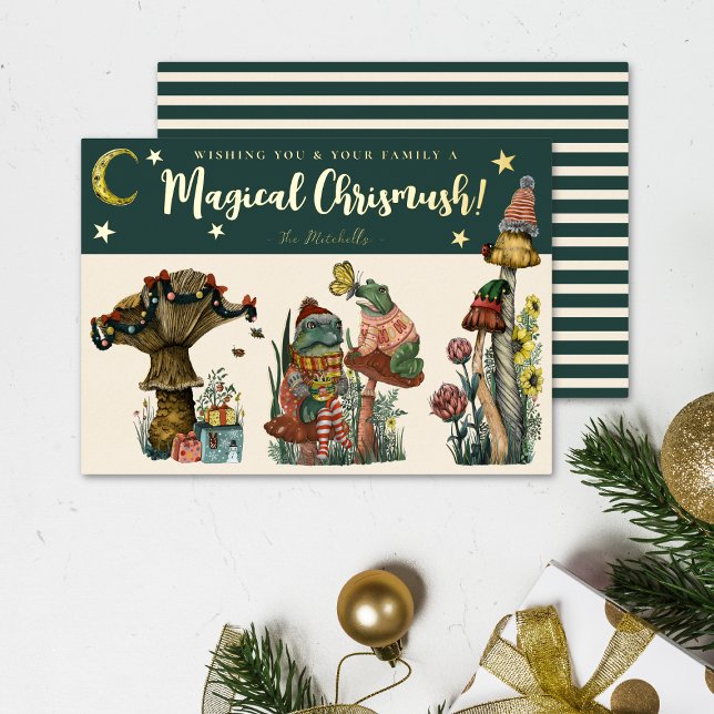 Festive Green Magical Mushroom Merry Christmas  Fo (Whimsical green and gold mushroom and frog christmas cards)