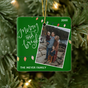 Festive Green Merry and Bright Christmas Lights Ceramic Ornament