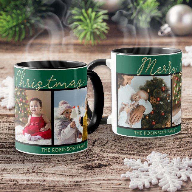 Festive Green Merry Christmas 3 Photos Collage Mug (A festive personalized green mug, with Merry Christmas greeting and a gallery of your own photos)