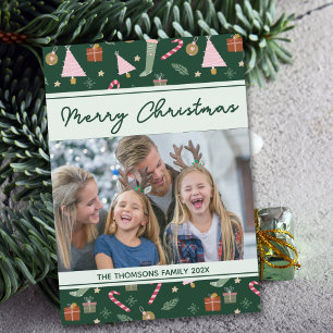 Festive Green Merry Christmas Pattern Photo Holiday Card
