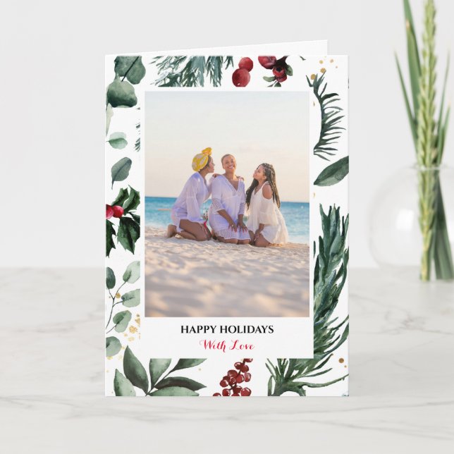 Festive Green Pine Bough Berry Merry Christmas  Holiday Card (Front)