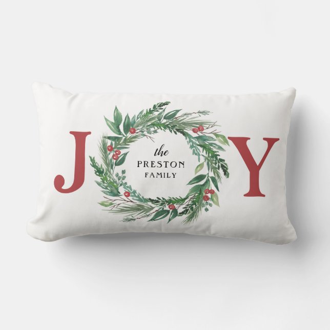 Festive Green Pine Red Berries Holiday JOY Wreath Lumbar Cushion (Front)