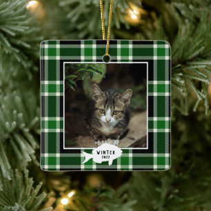 Festive Green Plaid Cat Name Christmas  Ceramic Ornament