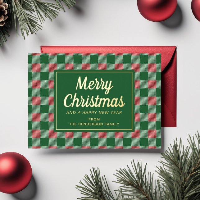 Festive Green Plaid Christmas Gold  (Festive Green Plaid Christmas Gold Foil Holiday Card)