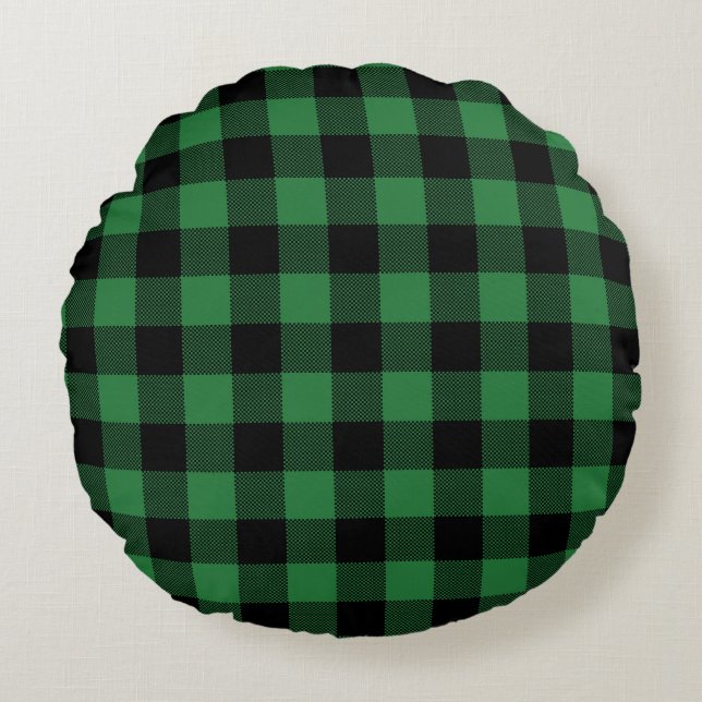 Festive Green Plaid Pattern Holiday Round Cushion (Front)