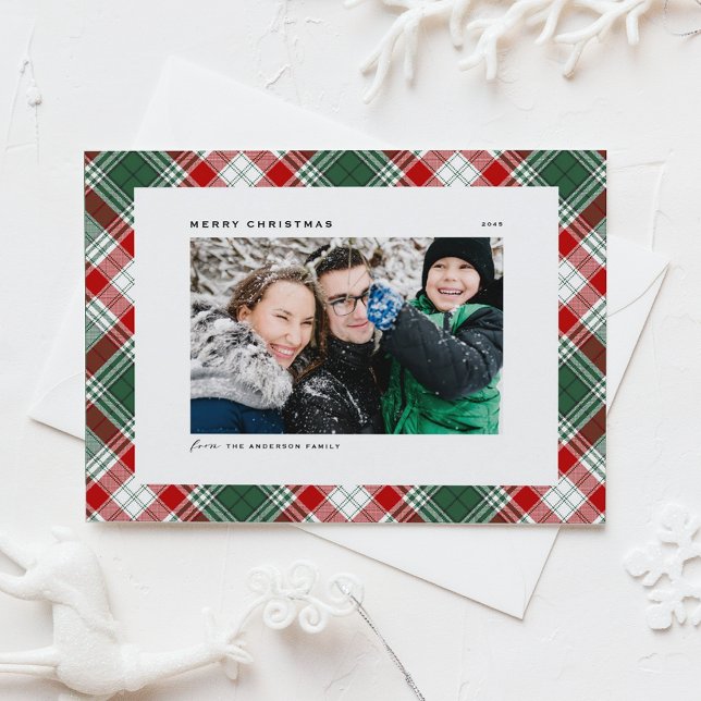 Festive Green Plaid Pattern Merry Christmas Photo Holiday Card (Festive Red and Green Tartan Plaid Pattern Merry Christmas Photo Holiday Card)