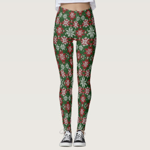 Festive Green Red and White Nordic Knit Leggings