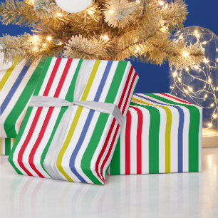 Festive Green Red Gold Blue Vertical Stripes Wrapping Paper