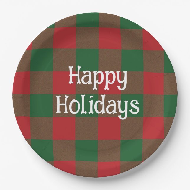 Festive Green & Red Plaid Paper Plate (Front)