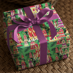 Festive Green Retro Colourful Christmas Bells Wrapping Paper