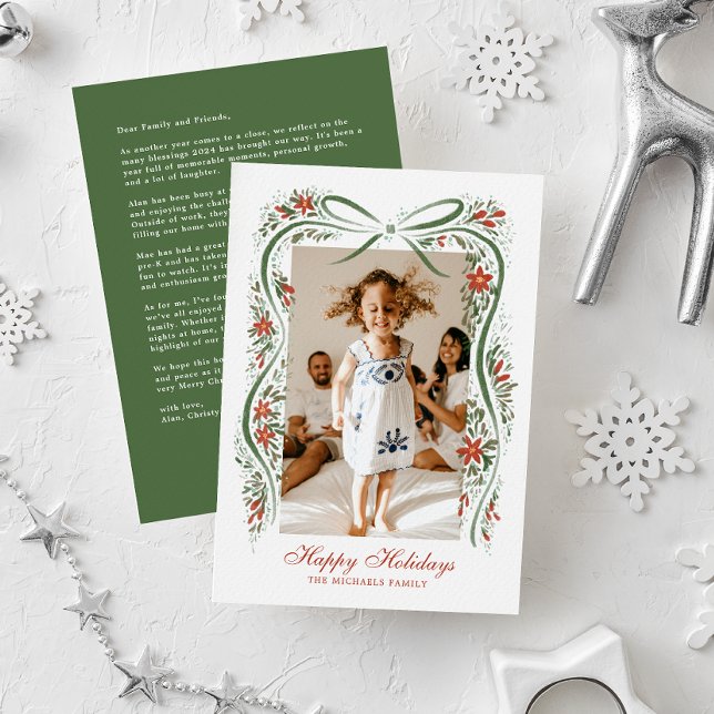 Festive Green Ribbon with Poinsettias and Greenery Holiday Card (Creator Uploaded)