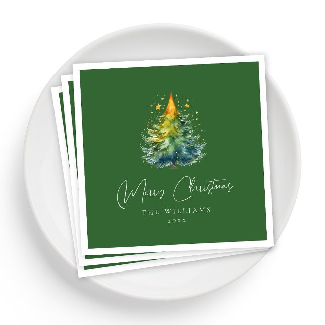 Festive Green Script Christmas Napkins (Personalized Festive Green Script Christmas Napkins)
