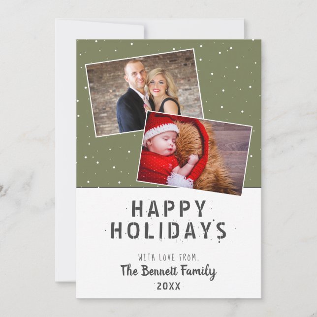 Festive Green Snowflake 2 Photo Christmas Card (Front)