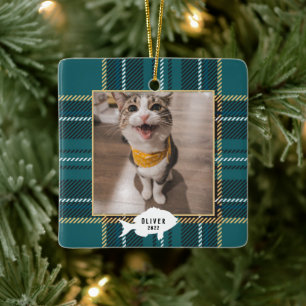 Festive Green Tartan Plaid Cat Name Christmas Ceramic Ornament