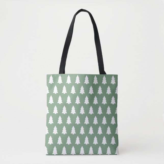 Festive Green White Christmas Tree pattern Tote Bag (Front)