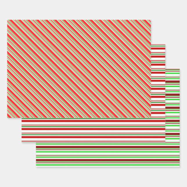 Festive Green, White, Red Christmas-Style Patterns Wrapping Paper Sheet (Set)