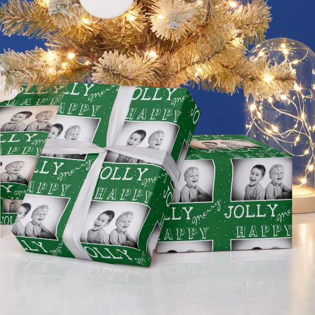 Festive Green White Typography Christmas Photo Wrapping Paper (Holidays)