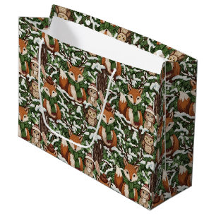 Festive Green Woodland Wildlife Christmas Pattern Large Gift Bag